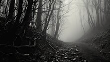  A Black And White Photo Of A Path In A Foggy Forest With Trees And Rocks On Both Sides Of The Path.