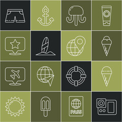 Wall Mural - Set line Photo camera, Ice cream in waffle cone, Jellyfish, Surfboard, Map pointer with star, Swimming trunks and Location the globe icon. Vector