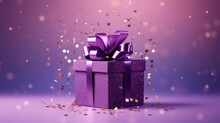  A Purple Gift Box With A Purple Ribbon And A Purple Bow On A Purple Background With Gold Confetti.