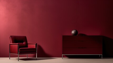 Wall Mural - Photo of a Red Themed Lounge Room with a Red Sofa and Red Walls Illuminated by a soft Lighting. Relax Zone, Chilling.