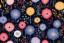 Pink, Violet And Yellow Wildflowers On Dark Background Seamless Repeating Pattern