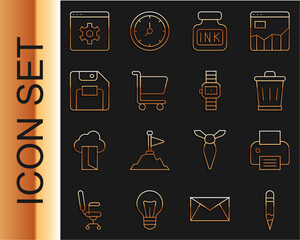 Wall Mural - Set line Pencil, Printer, Trash can, Inkwell, Shopping cart, Floppy disk, Browser setting and Wrist watch icon. Vector