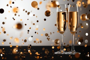 Glass champagne with confetti, New year banner, Minimalist.