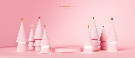 Wall Mural - Christmas greeting card. Pink paper pine trees with empty stage for product presentation. Christmas mockup pink background with empty podium and Christmas decoration. 3D Rendering, 3D Illustration