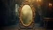 
Old vintage retro antique mirror in gold frame rustic style. Decoration home glass. Graphic Art photography