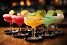 Different Flavored Margaritas On A Wooden Table At Sports Bar In A Classic Margarita Glass.