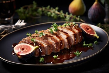 Crispy pork fillet with fig sauce.