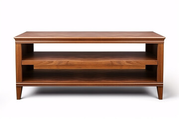 Isolated brown wooden TV table, displayed in front view on a white backdrop.