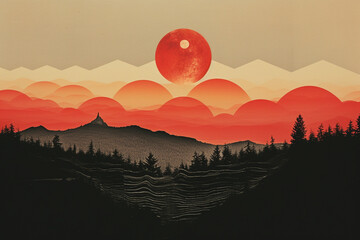 Landscape and nature concept. Surreal landscape collage illustration with red sun, forest, trees, mountains and water. Abstract and surreal style. Grunge, halftone and glitch pattern combination