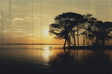 Landscape and nature concept. Surreal landscape collage illustration with red sun, forest, trees, mountains and water. Abstract and surreal style. Grunge, halftone and glitch pattern combination