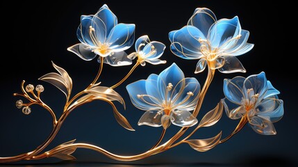 Wall Mural -  a blue flower with a gold stem on a black background with a blue background and a gold stem on the left side of the image.