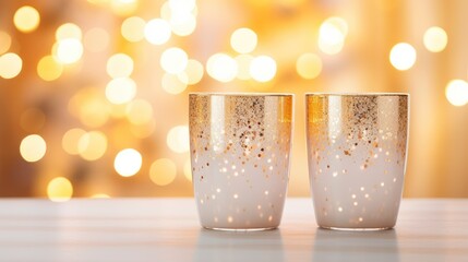  a close up of two cups on a table with a blurry background of lights in the backround.