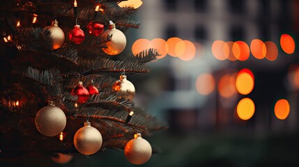  a close up of a christmas tree with red and white baubles hanging from it's branches and lights in the background.