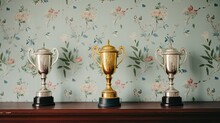 Trophy cups on a wall with vintage style wallpaper.