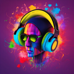 Creative music background. Colorful head-wearing headphones on a bright background. Sound inspiration and emotions. no identical face.