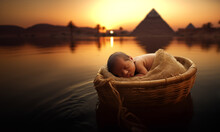 Baby Moses Floating In A Basket - River Sunset - Pyramids Of Egypt - Cradled By Providence: Baby Moses Asleep On The Nile