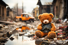 A Lone Teddy Bear In A Leather Jacket Sits On A Dilapidated Street Amidst Urban Ruins, Conveying A Sense Of Abandonment And Lost Childhood.