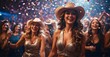 Snapshot capturing the festive moment of women, clad in cowboy hats, laughing and dancing amid the magical descent of confetti in a spirited night club ambiance.