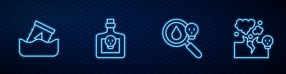 Wall Mural - Set line Poison magnifying glass, Radioactive waste barrel, Bottle with potion and Poisonous cloud of gas or smoke. Glowing neon icon on brick wall. Vector