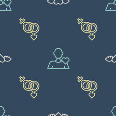 Wall Mural - Set line Heart with wings, Gender and Romantic man on seamless pattern. Vector