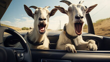 Funny Goats Driving With A Car.Generative AI
