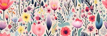 Abstract Childish, Cute And Fun Colorful Dreamy Garden Floral Seamless Pattern Wallpaper Background With Flowers And Critters. Generative AI, AI