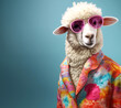 Creative animal concept. Sheep Lamb in glam fashionable couture high end outfits isolated on bright background advertisement, copy space. birthday party invite invitation banner	
