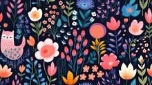 Abstract Childish, Cute And Fun Colorful Dreamy Garden Floral Seamless Pattern Wallpaper Background With Flowers And Critters, Vector. Generative AI, AI