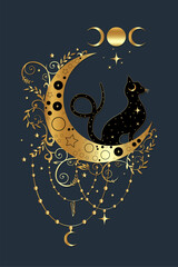 Wall Mural - Mystical black cat over celestial crescent moon and triple goddess, witchcraft symbol, witchy esoteric gold logo. Vector golden luxury wiccan clipart in boho style isolated on blue background