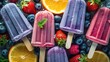 Fruit ice cream popsicles with fresh blueberries and strawberries