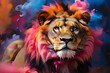 Wilder Löwe in einer Wolke aus Farbe gibt dem König der Tiere eine dominante Aura