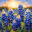 Lupine flowers in the field at sunset. Digital oil painting, impasto. Printable square wall art