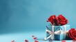 Concept of beautiful Valentine`s day, anniversary, mother`s day and birthday present and greetings on blue background, copyspace