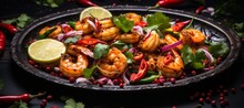Flavorful Spicy Thai Seafood Salad With Fresh Vegetables On Sleek Black Plate, Top View