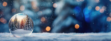 Snow Globe With Christmas Trees In Snow And Bokeh Background