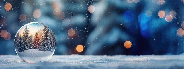 Snow globe with christmas trees in snow and bokeh background