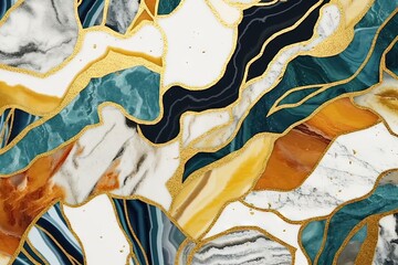 Abstract art deco background, minimalist geometric pattern, modern mosaic inlay, texture of bright multicolored marble agate and gold, stone, marbled tile, minimal. Generative AI, AI