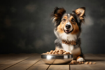 Domestic life with pet. Feeding hungry pet. Happy pet in front of bowl of croquette.Happy Cat and dog