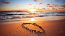 Generate A Romantic Sunset Over A Serene Beach With "Love Is In The Air" Written In The Sand.