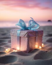 As the day ends, a gift box with a blue ribbon is nestled in the beach sand, offering a view of the calm ocean