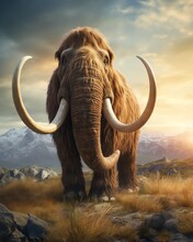 A Mammoth With Tusks Standing In A Field