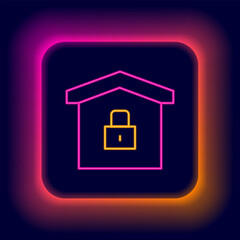 Canvas Print - Glowing neon line House under protection icon isolated on black background. Home and lock. Protection, safety, security, protect, defense concept. Colorful outline concept. Vector