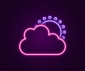 Poster - Glowing neon line Sun and cloud weather icon isolated on black background. Colorful outline concept. Vector