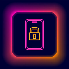 Sticker - Glowing neon line Digital door lock with wireless technology for lock icon isolated on black background. Door handle sign. Security smart home. Colorful outline concept. Vector