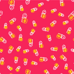 Sticker - Line Glass of beer icon isolated seamless pattern on red background. Vector