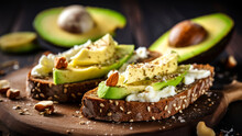 Avocado Toast With Cream Cheese And Nuts On A Rustic Wooden Background.