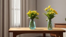 Elegant Interior With Two Blue Glass Vases Of Yellow Daffodils, Tulips, And Lilies On A Wooden Table In A Bright Room