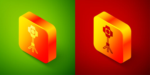 Sticker - Isometric Studio light bulb in softbox icon isolated on green and red background. Shadow reflection design. Square button. Vector