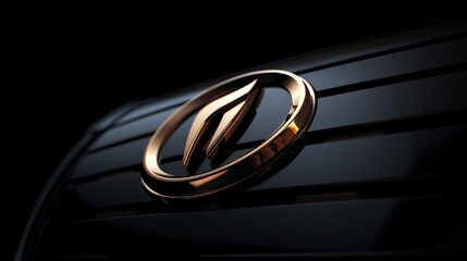 An automotive brand logo, with sleek car silhouette and metallic accents, on a glossy black surface.