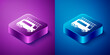 Isometric Fire truck icon isolated on blue and purple background. Fire engine. Firefighters emergency vehicle. Square button. Vector